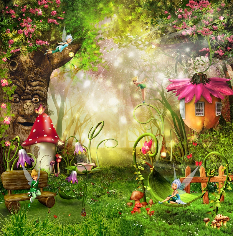 детские, волшебный лес, маленькие феи, трава, цветы, деревья, зелёные, розовые